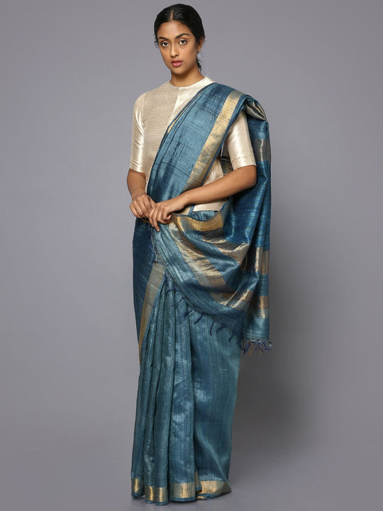 Midnight blue tussar silk saree