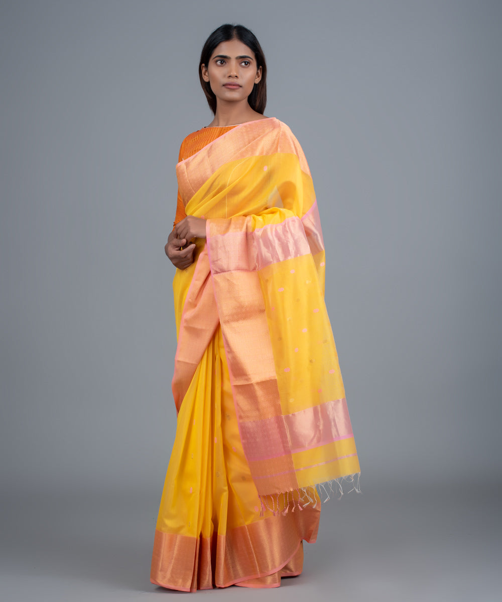 Yellow pink handwoven maheshwari cotton silk saree