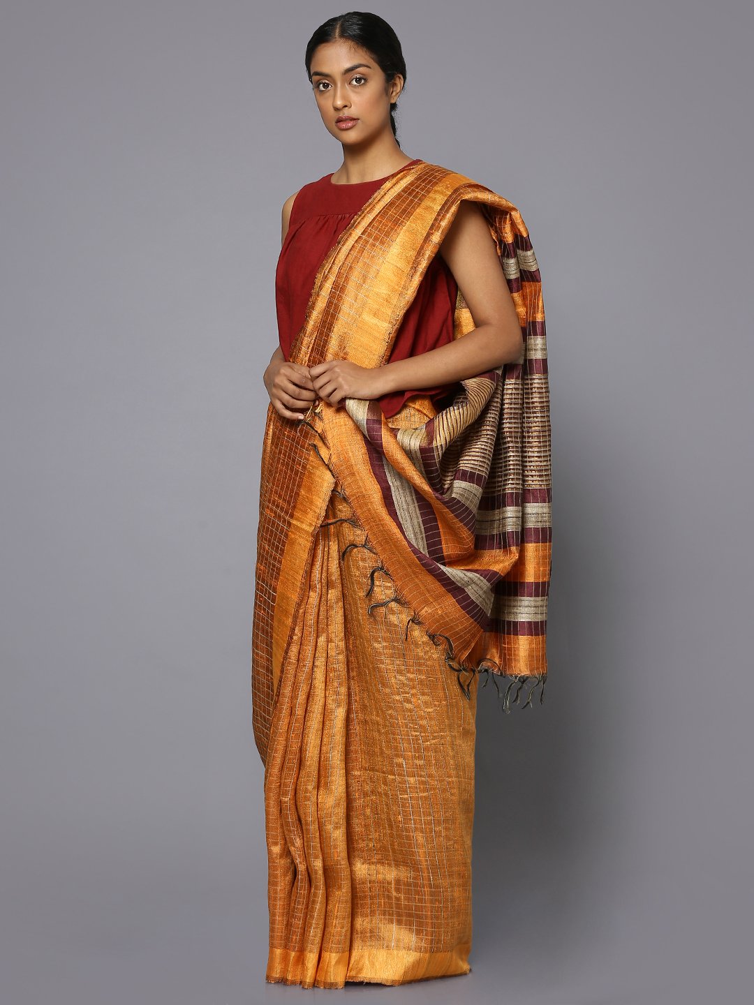 Orange tussar silk saree