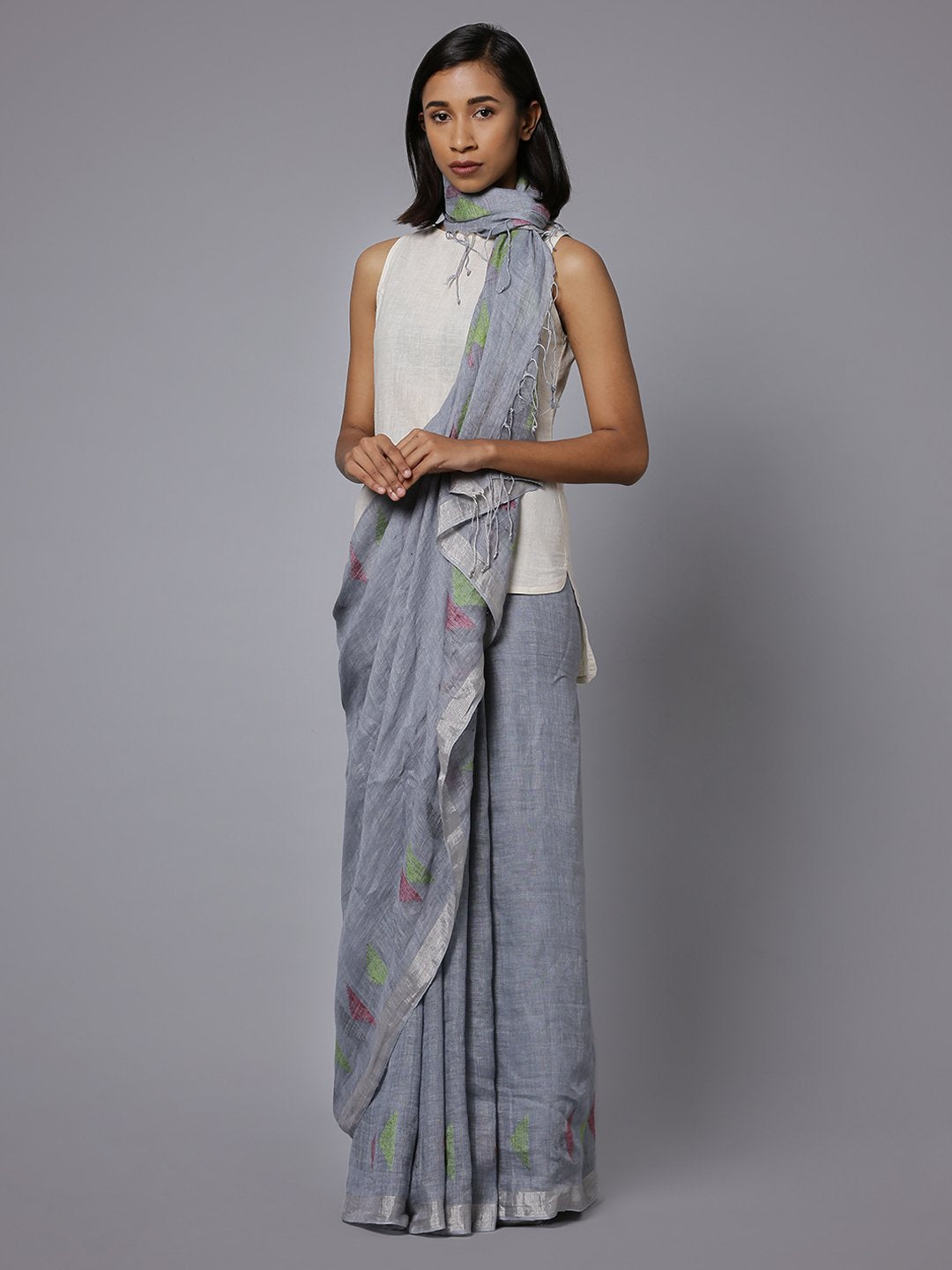 Grey jamdani linen handloom saree