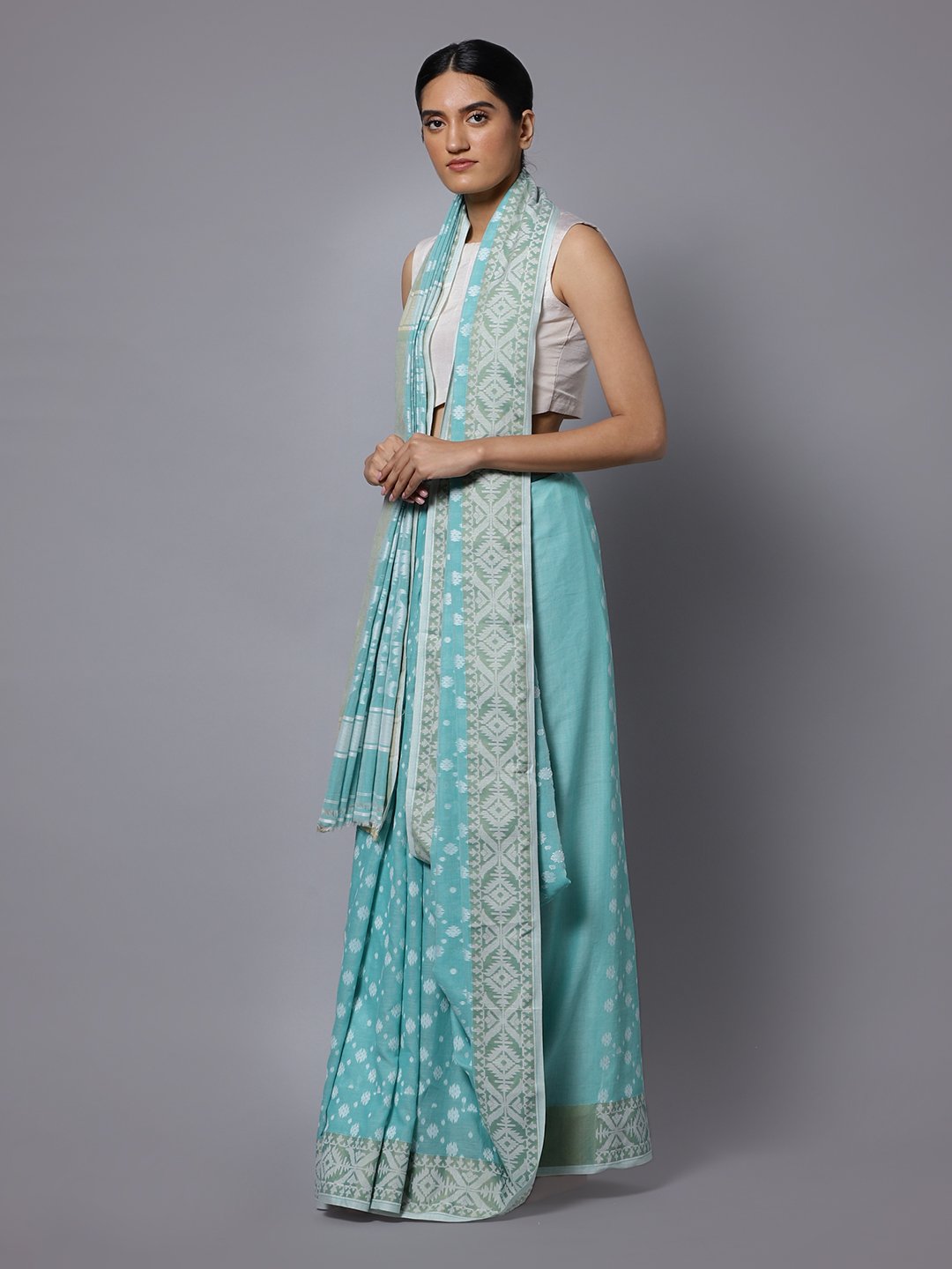 Aqua blue jamdani handloom cotton saree
