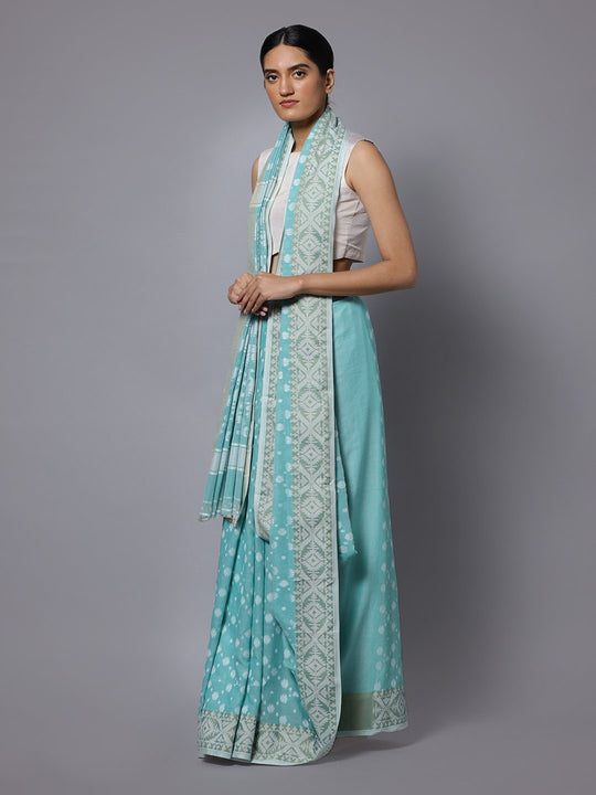 Aqua blue jamdani handloom cotton saree