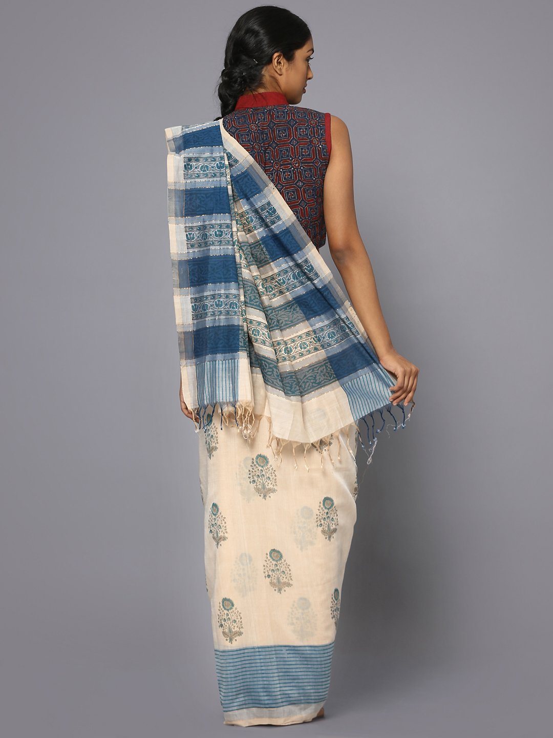 Off white block print cotton saree
