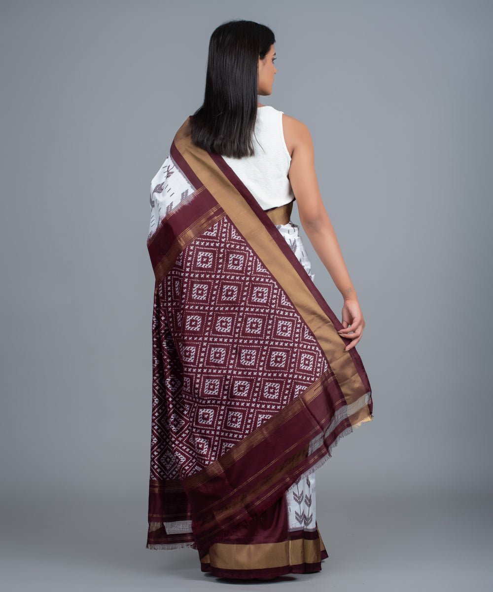 White brown handwoven pochampally ikat saree