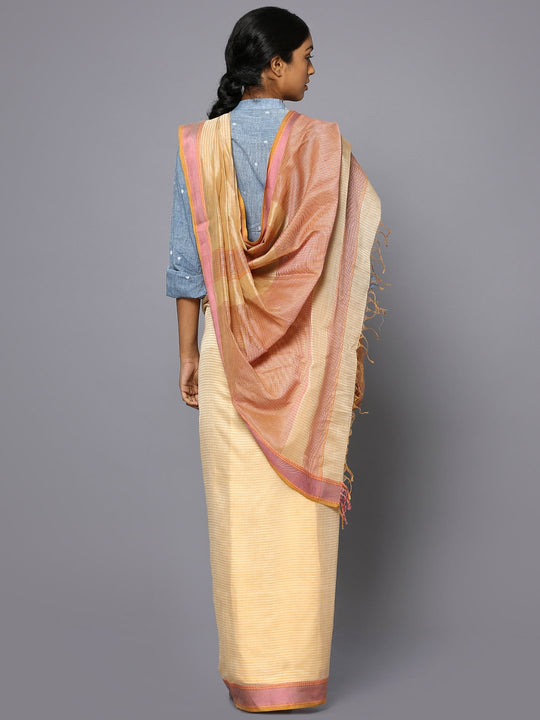Striped beige silk cotton maheshwari saree