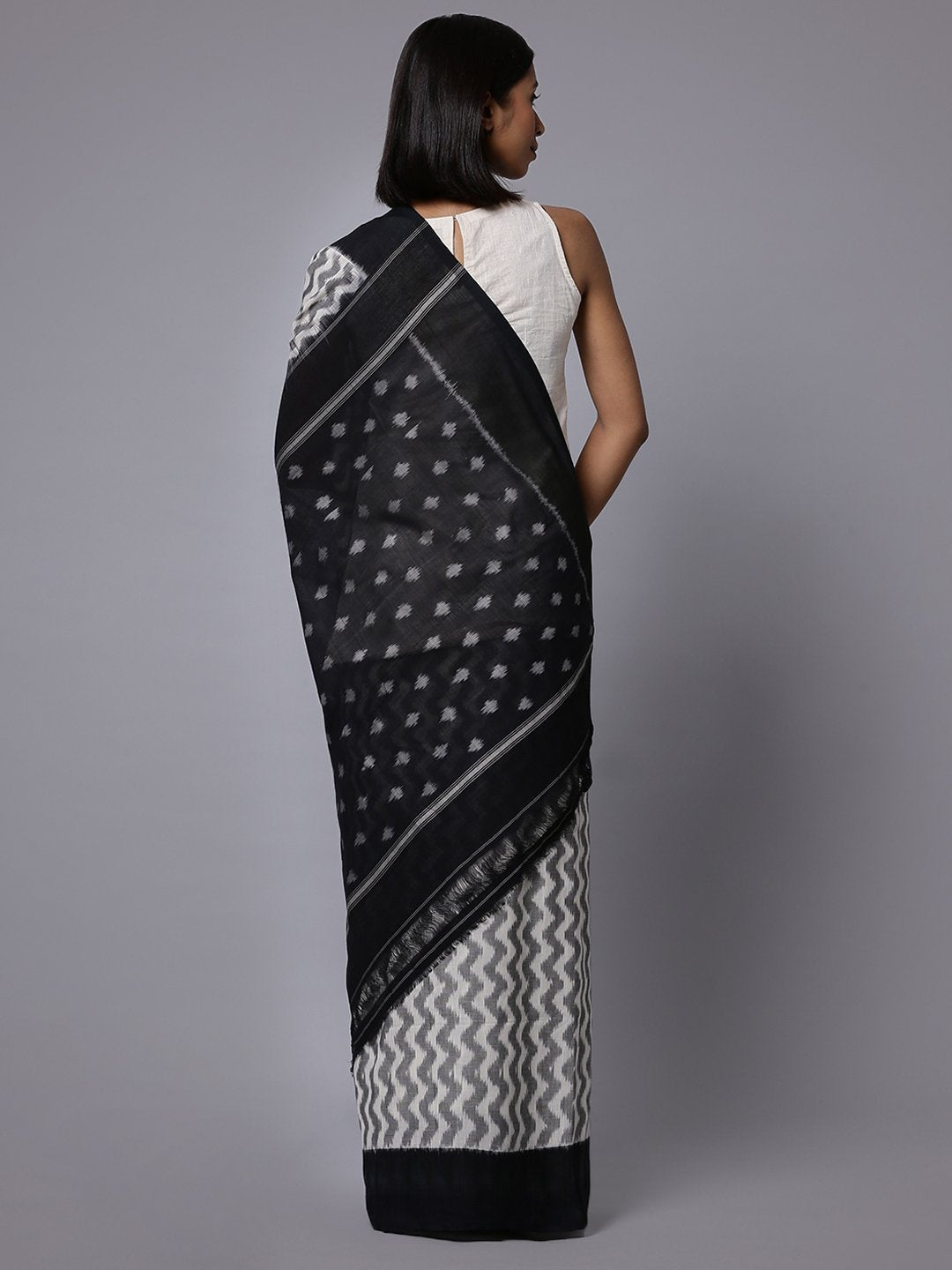Grey white ikat handloom cotton saree