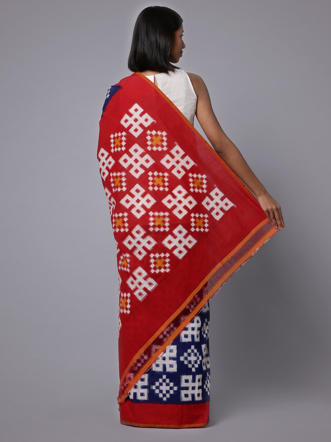 Blue red ikat handloom cotton saree
