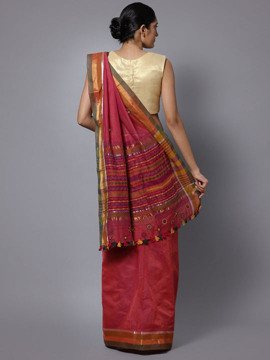 Magenta hand embroidery cotton saree