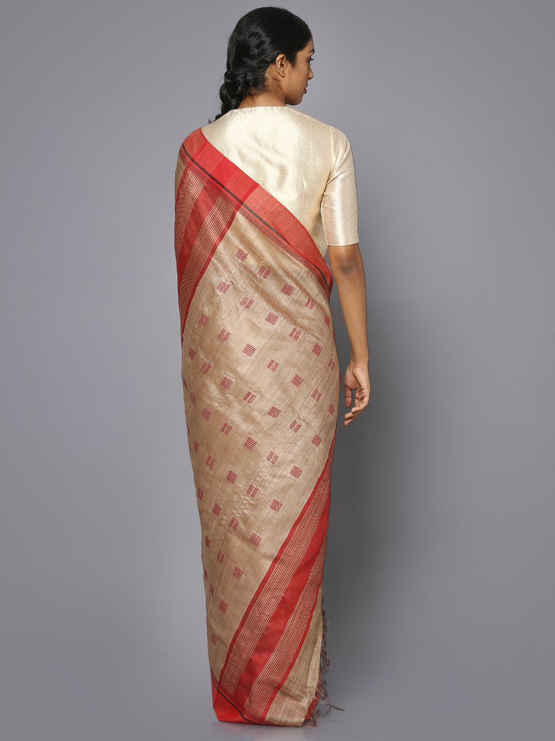 Beige & red tussar silk saree