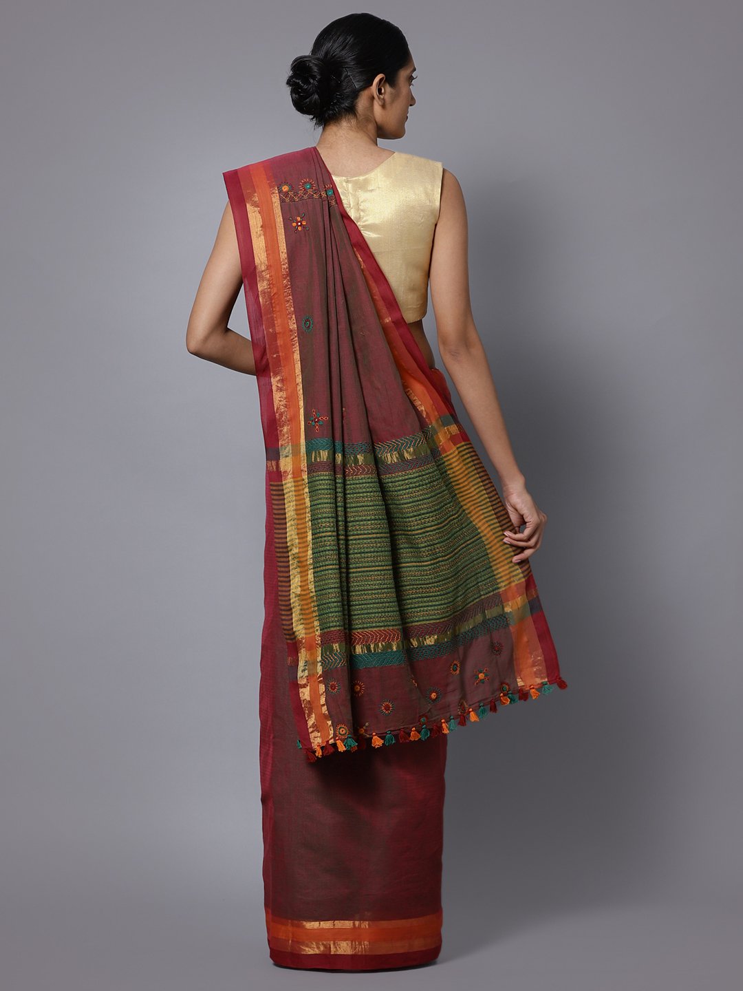 Red maroon hand embroidery cotton saree