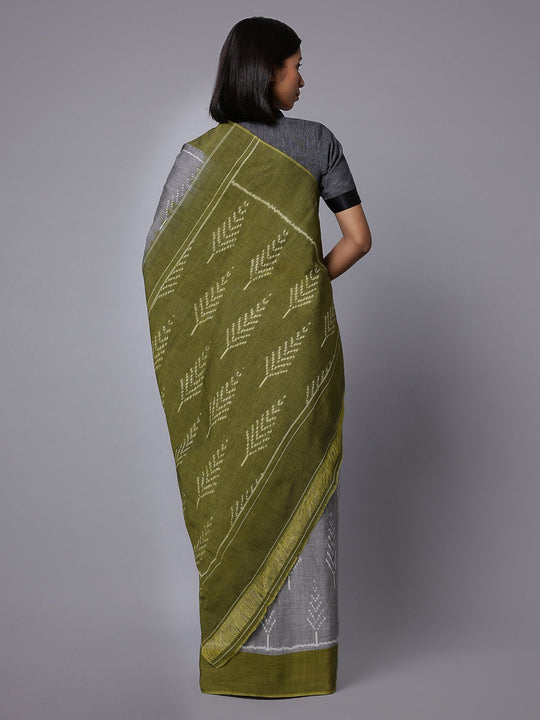 Grey green ikat handloom cotton saree
