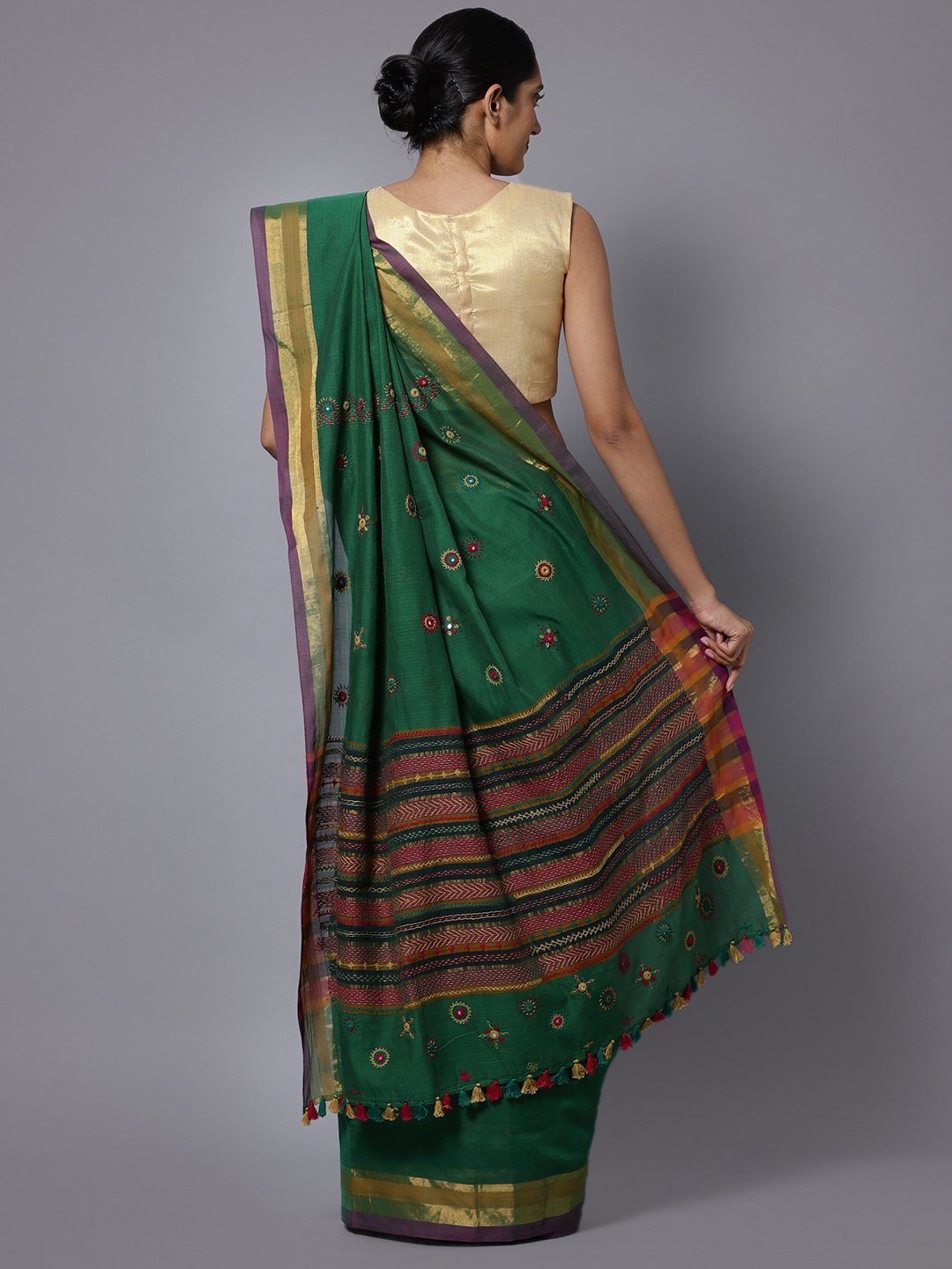 Dark green hand embroidery cotton saree