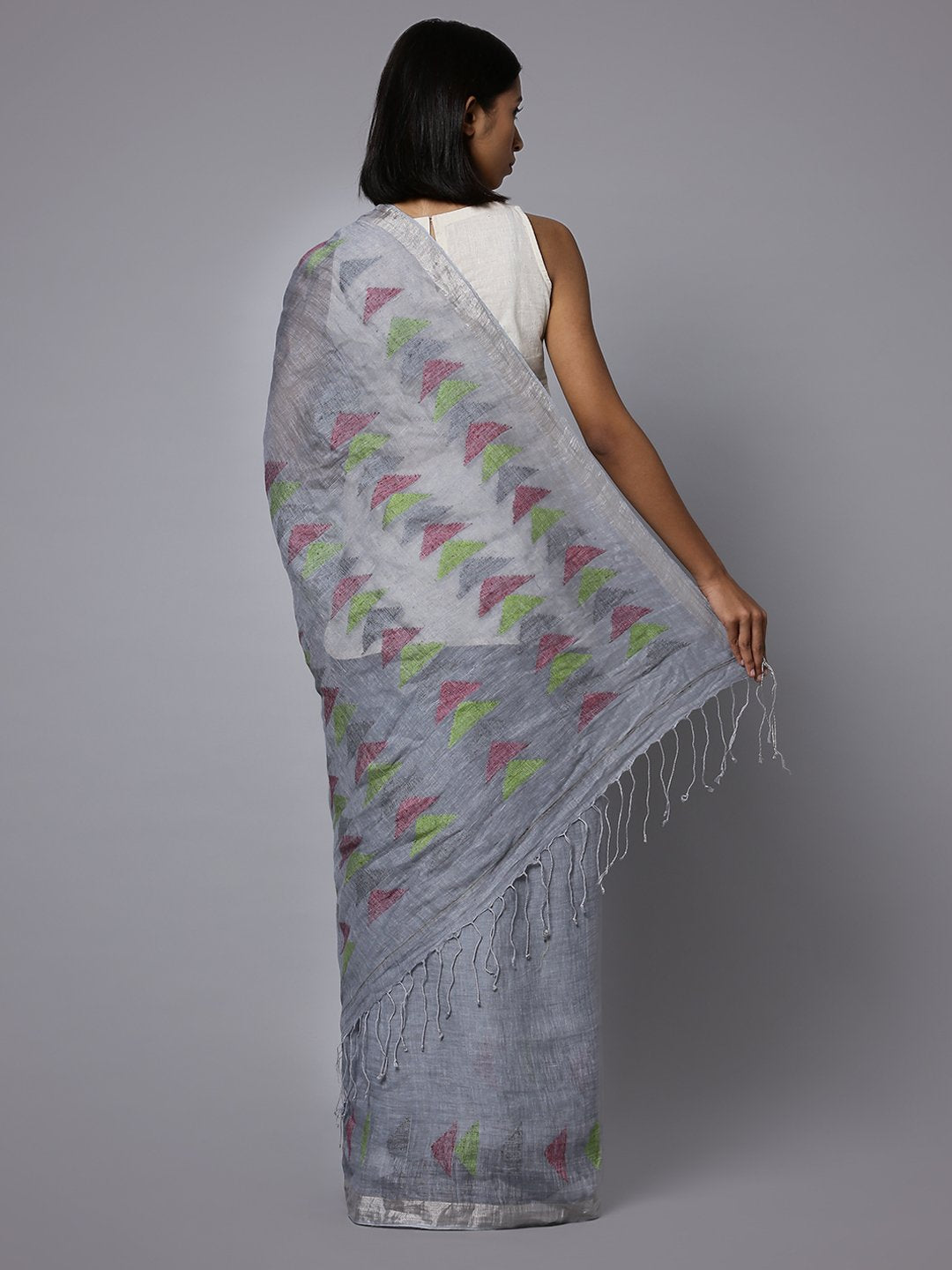 Grey jamdani linen handloom saree