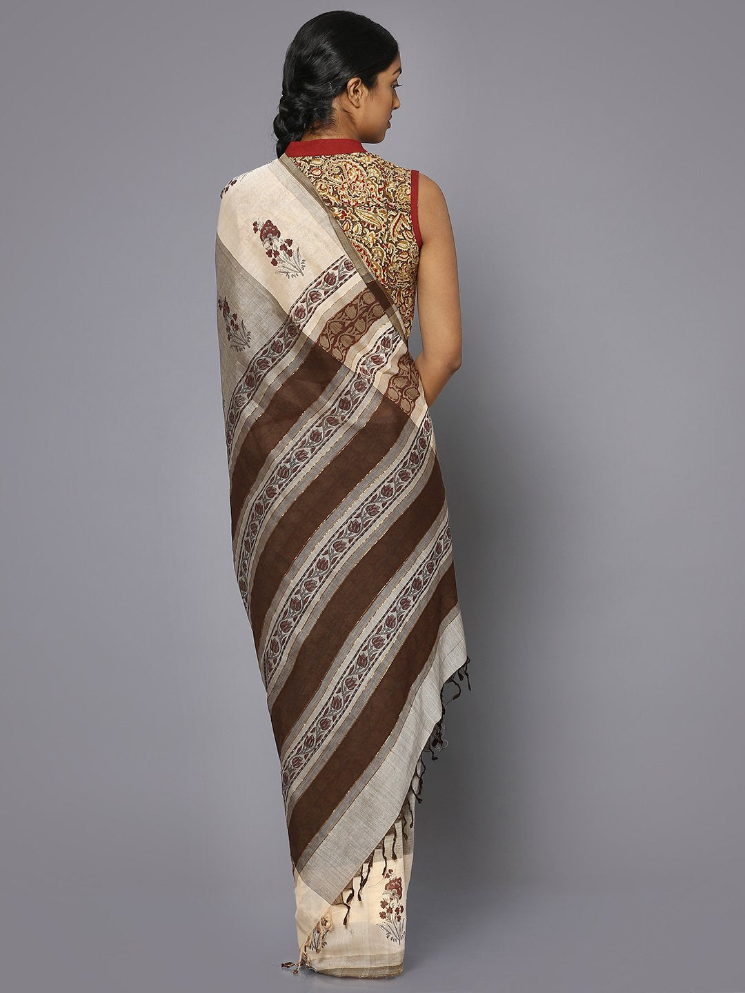 Light grey block print cotton saree