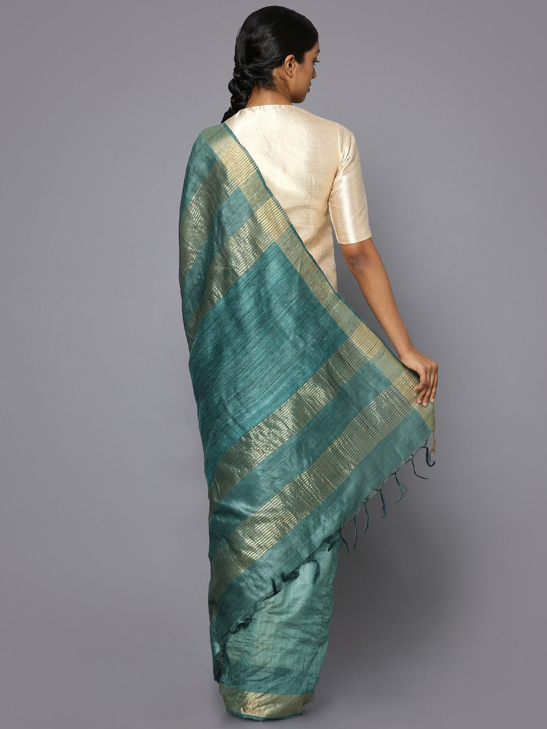 Dark turquoise tussar silk saree