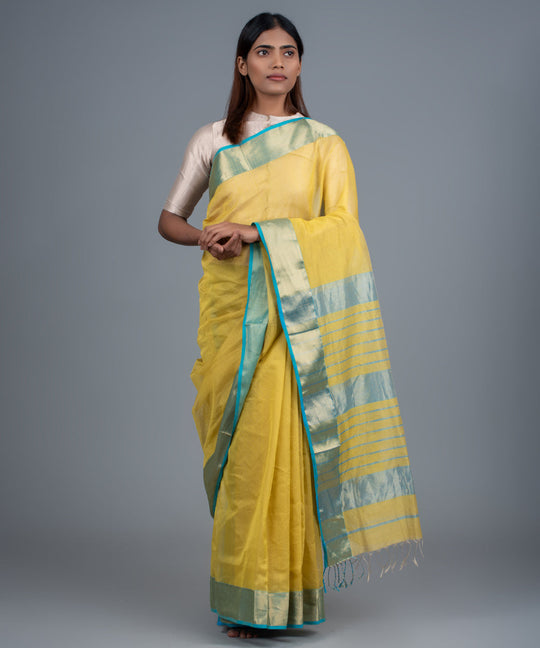Yellow blue handwoven maheshwari cotton silk saree