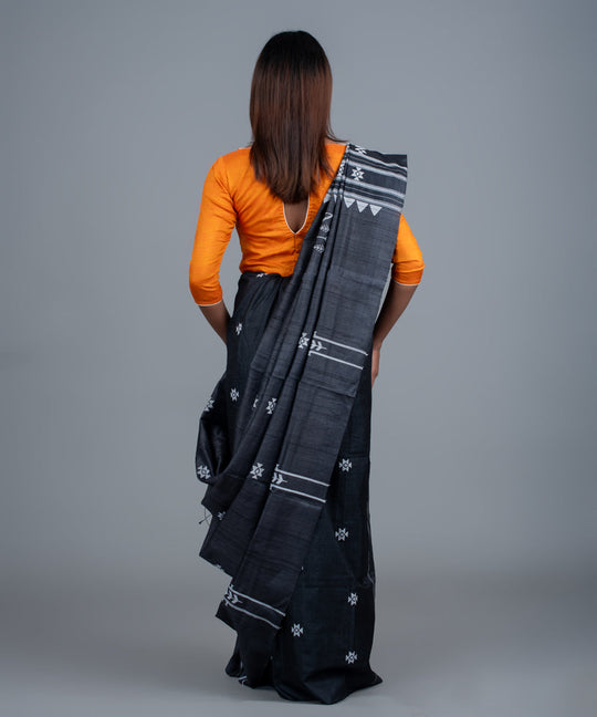 Charcoal black handwoven jala gopalpur tussar saree