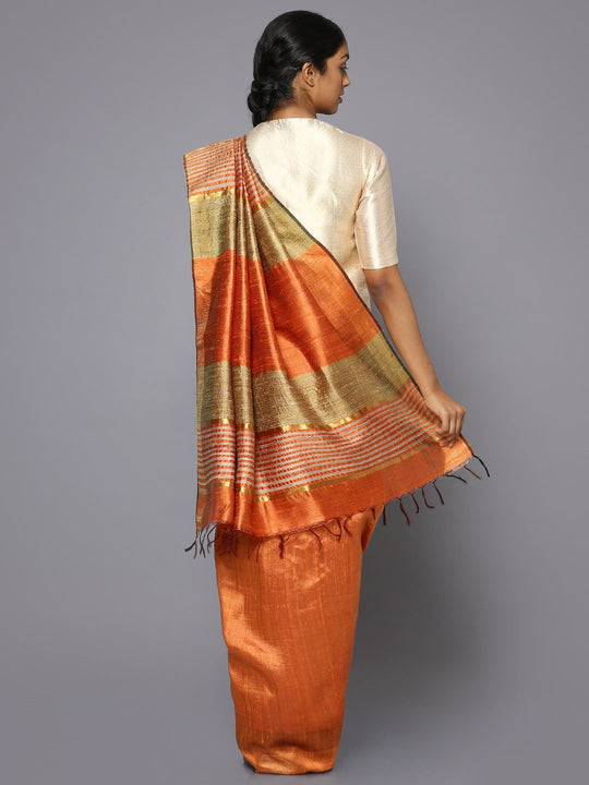 Plain orange tussar silk saree
