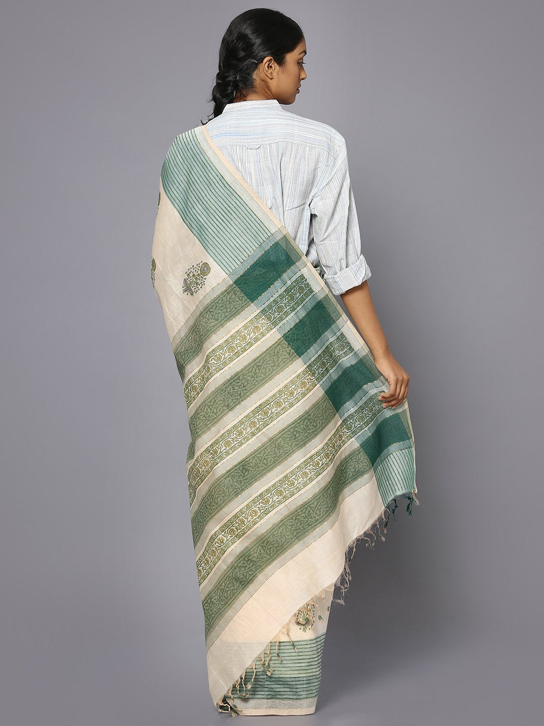 Off white & green block print cotton saree