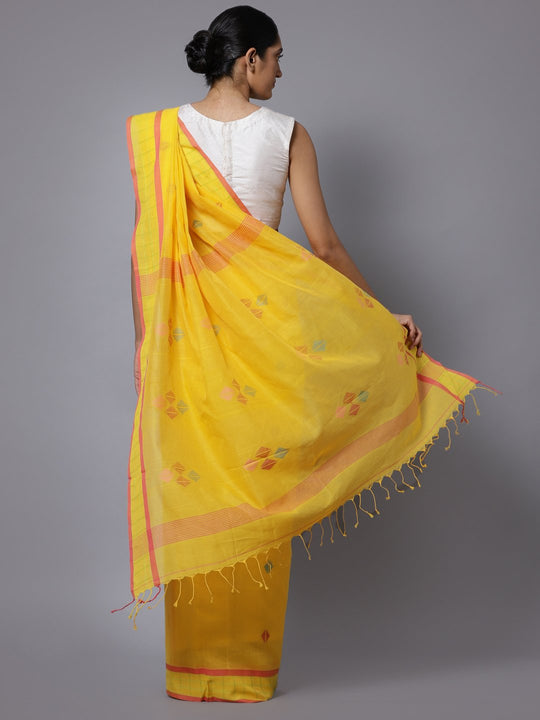 Yellow jamdani handloom phulia cotton saree
