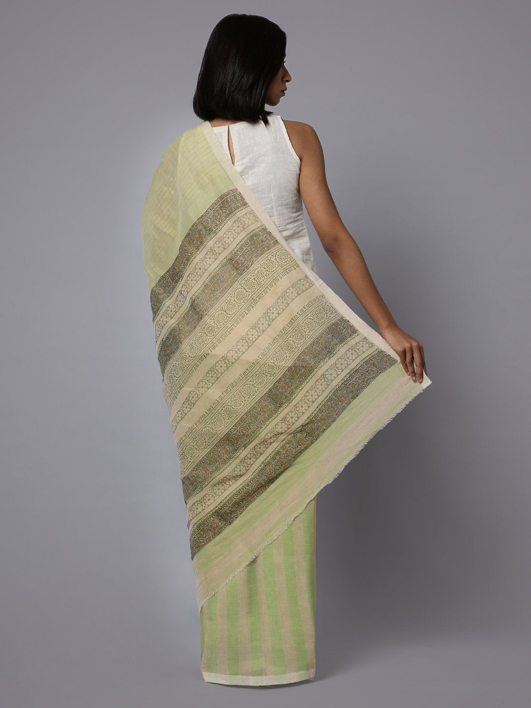 Handblock printed light green cotton saree