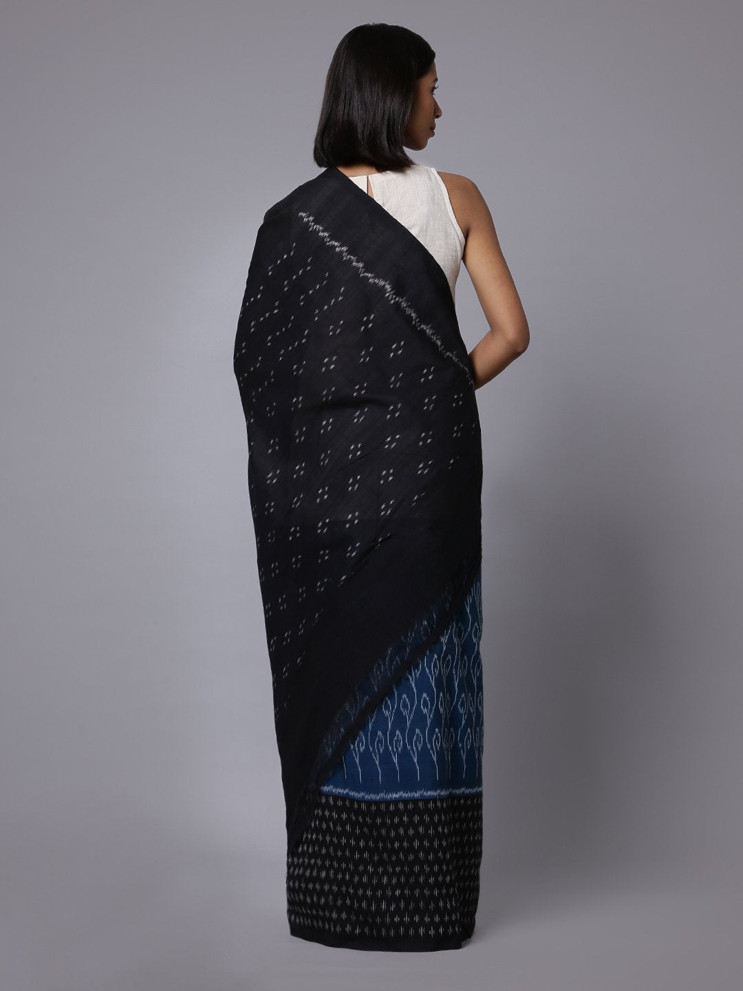 Ikat blue black handloom cotton saree