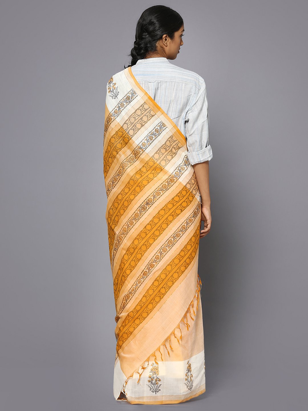 Light orange block print cotton saree