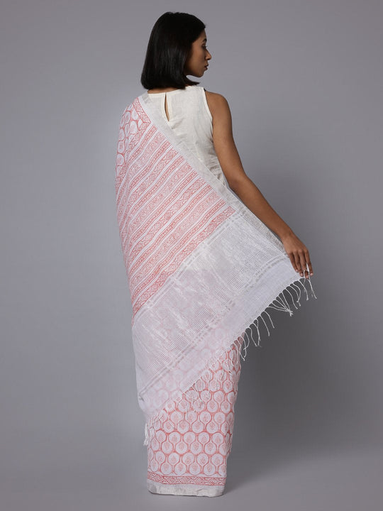 White pink cotton handblock print saree