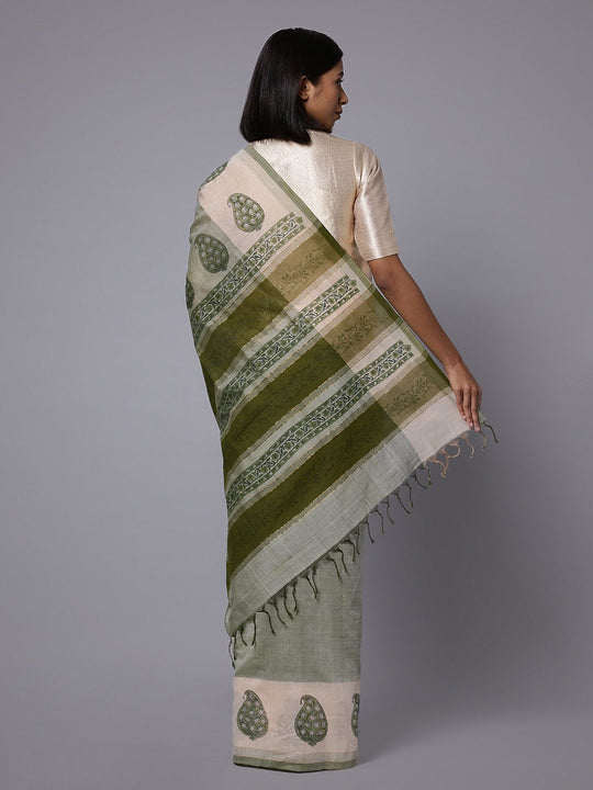 Light green handblock printed cotton saree