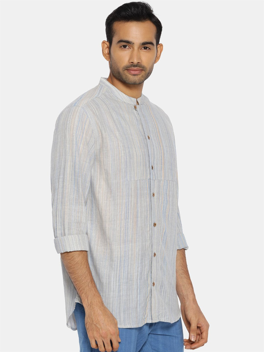 Light blue striped mandarin collar shirt