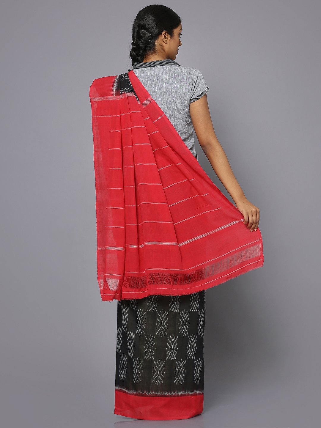 Black & red ikat cotton saree
