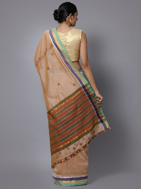 Beige hand embroidery cotton saree
