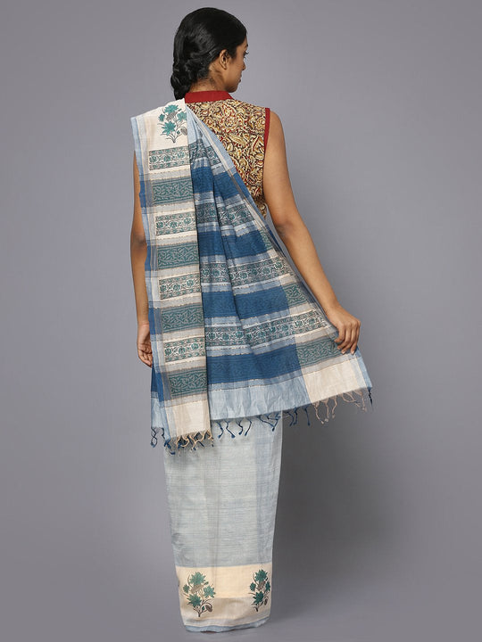Powder blue block print cotton saree