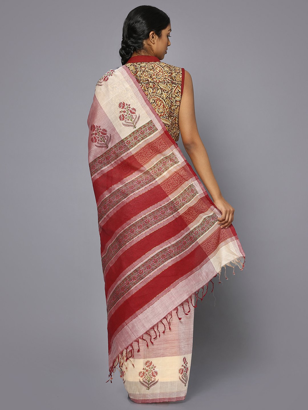 Light maroon block print cotton saree