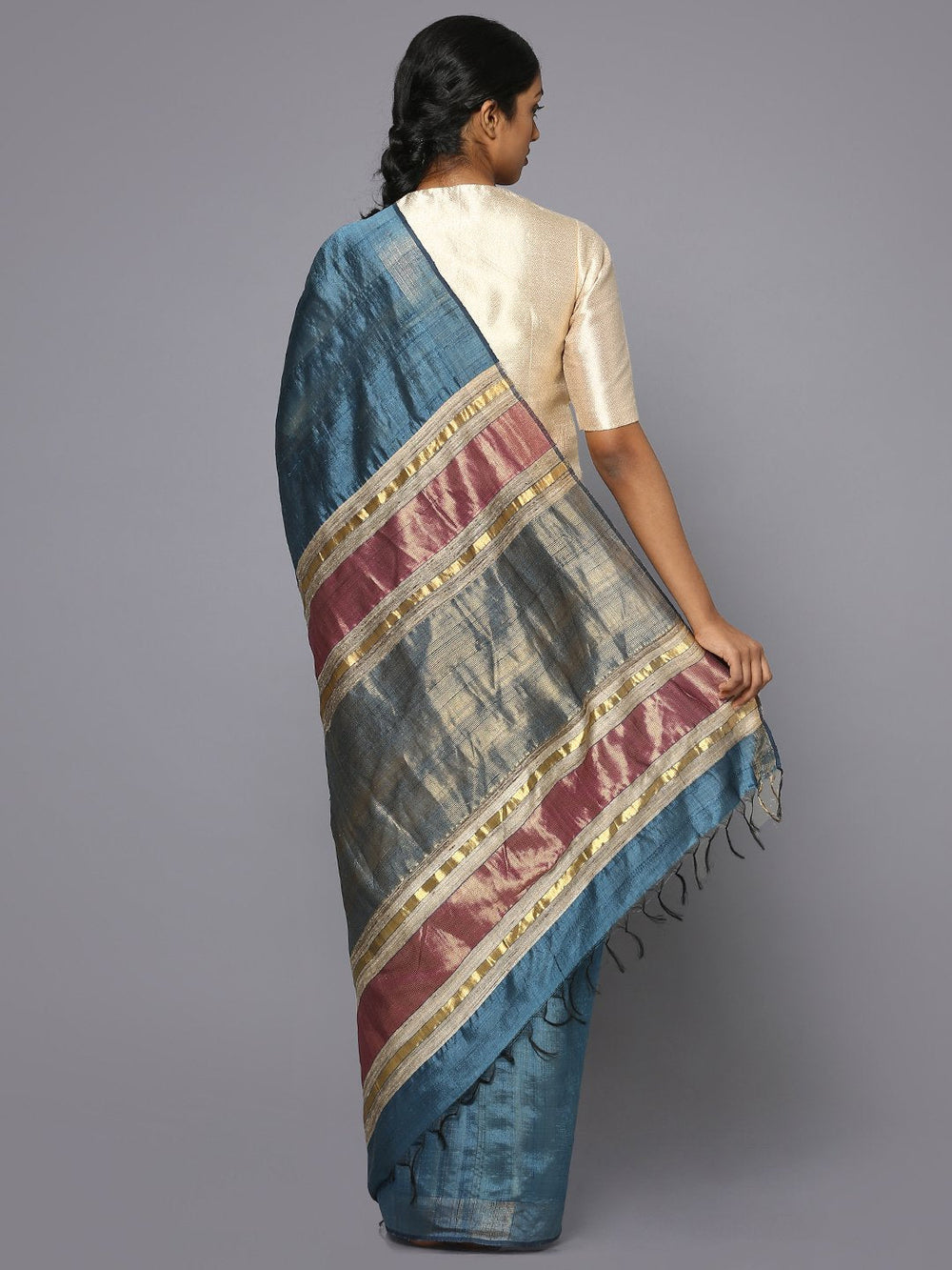 Ocean blue tussar silk saree