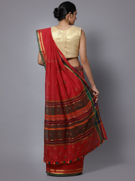 Red hand embroidery cotton saree