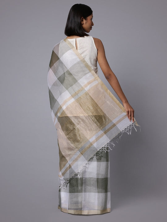 Grey white checks handloom cotton silk saree