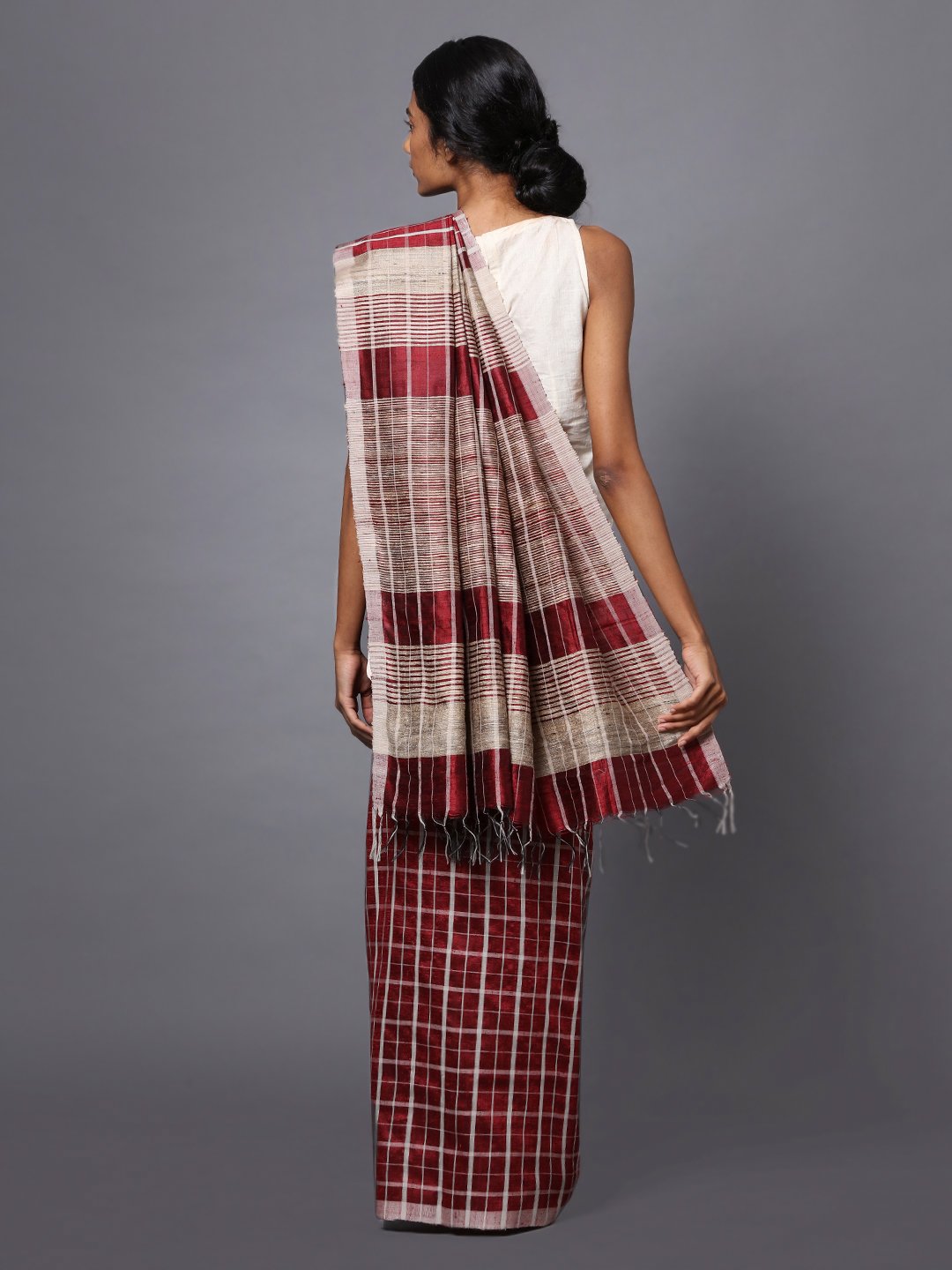 Burgundy checks handloom tussar silk saree