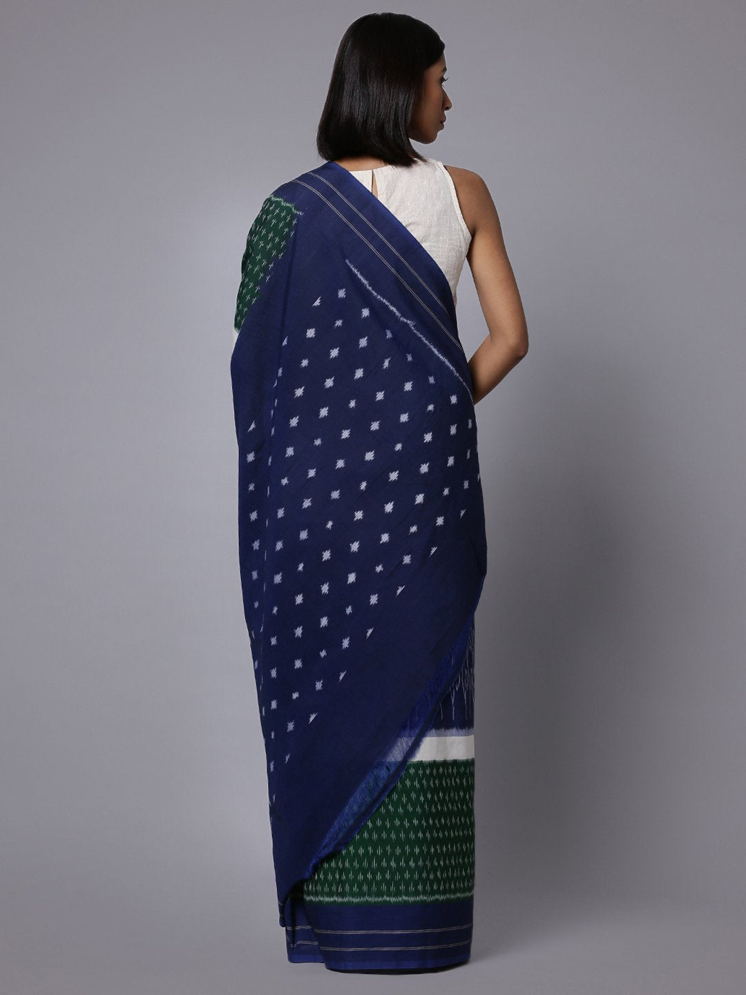 Blue green ikat handloom cotton saree