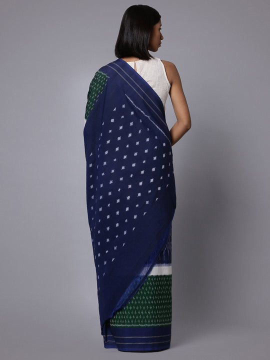 Blue green ikat handloom cotton saree