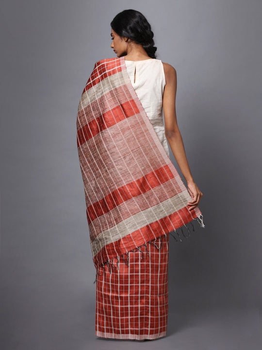 Rust brown checks handloom tussar silk saree