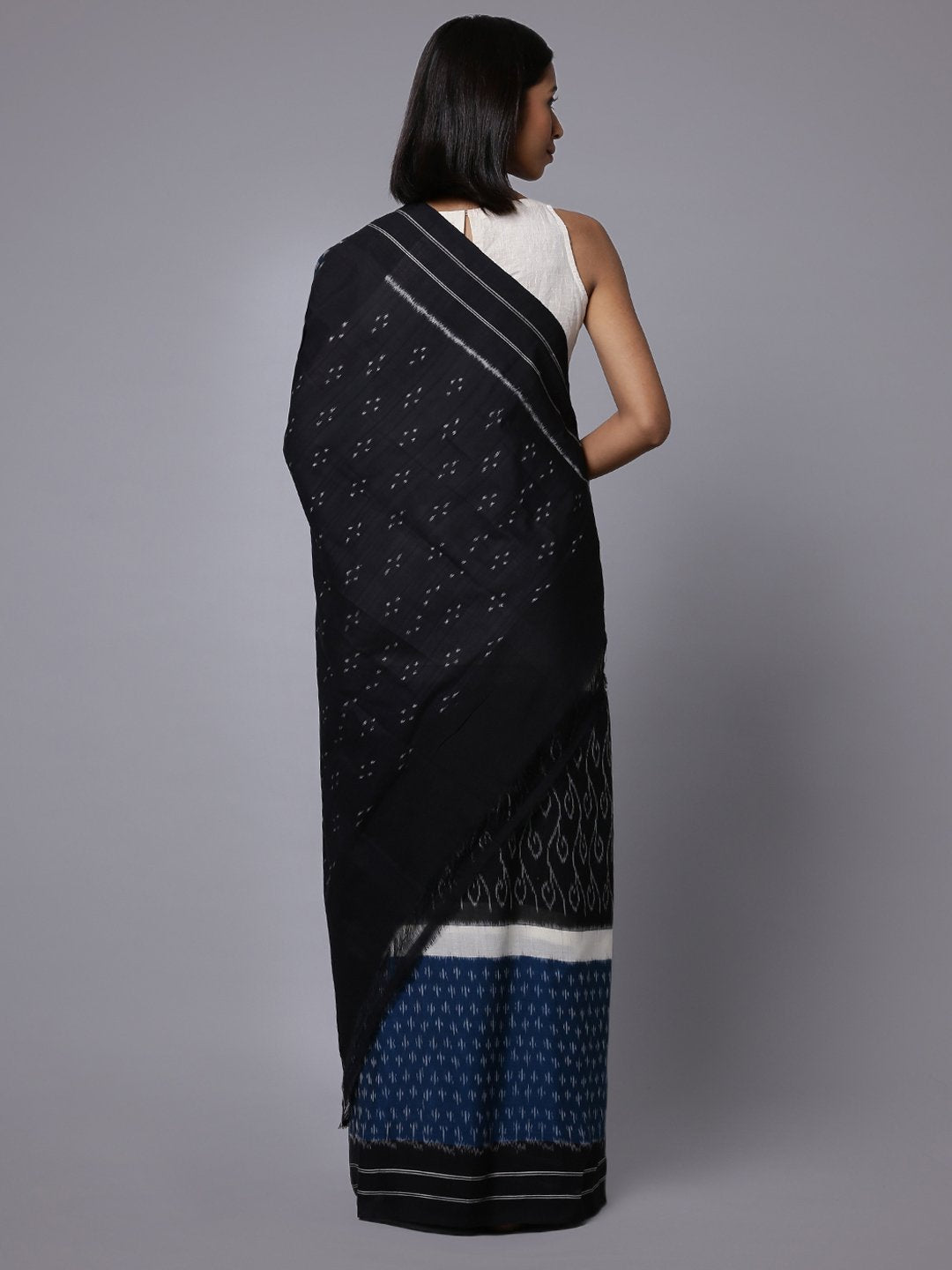 Blue black ikat handloom cotton pochampally saree