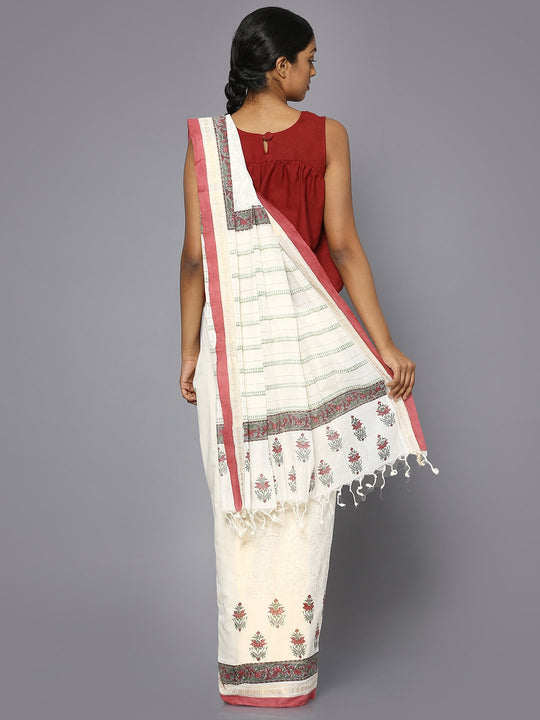 Plain white block print cotton saree