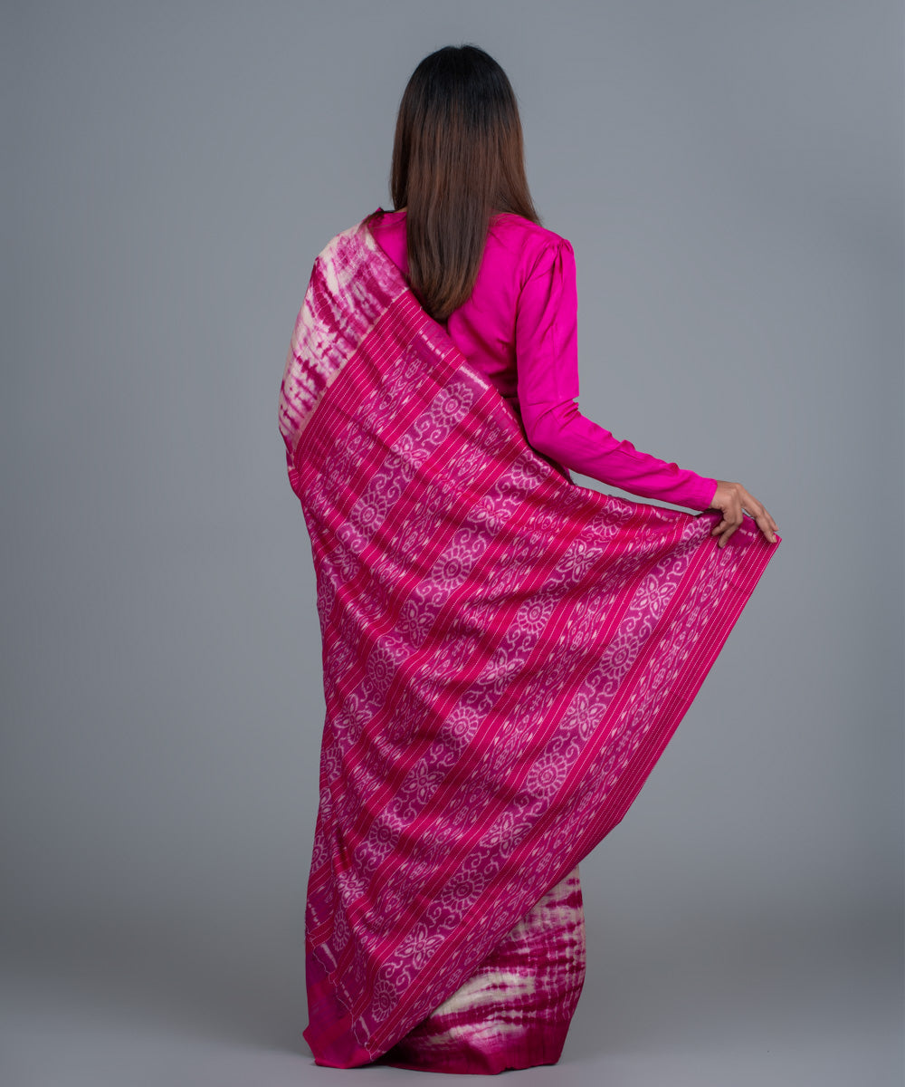 Pink handspun shibori ikat gopalpur tussar silk saree