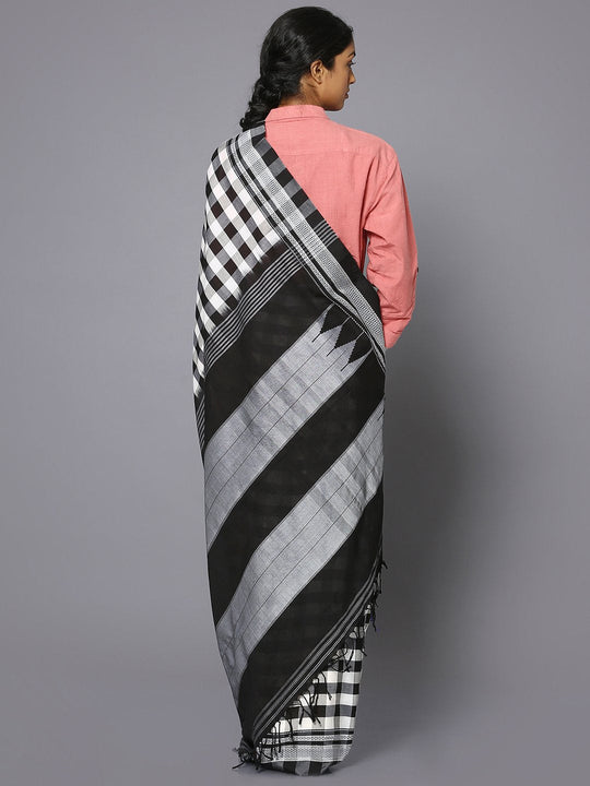 Black & white checkered ilkal cotton saree