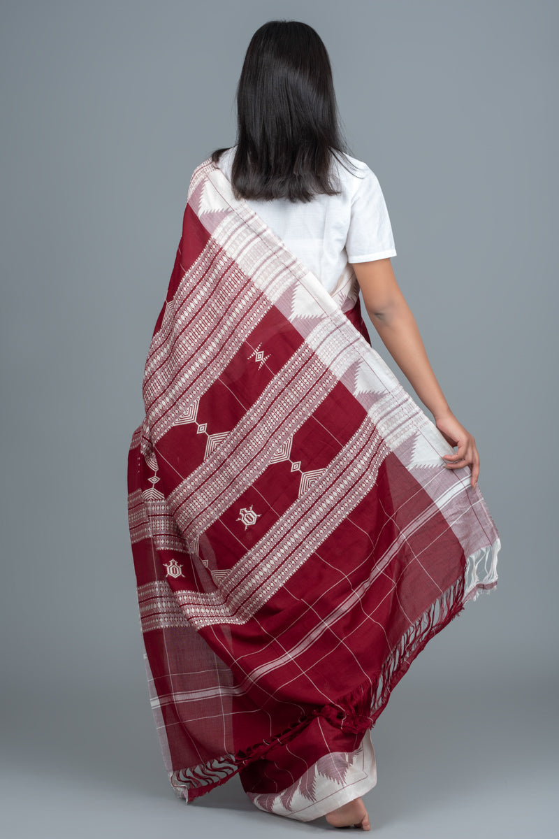 Maroon white handwoven cotton kotpad saree