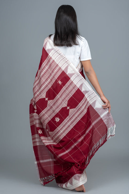 Maroon white handwoven cotton kotpad saree