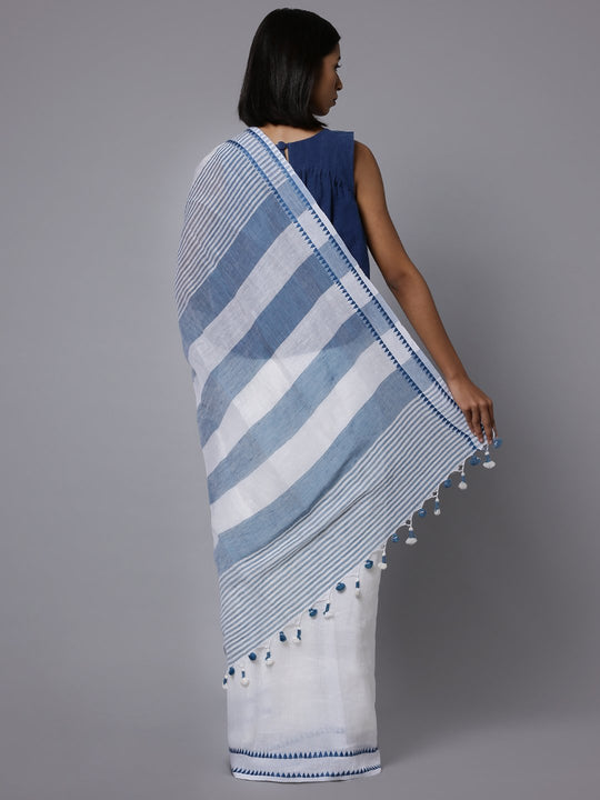 White handloom cotton linen saree