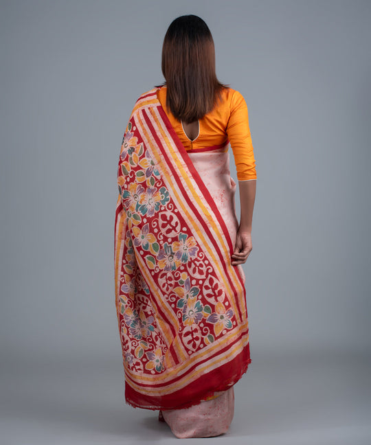Pink red mulberry silk hand painted batik saree
