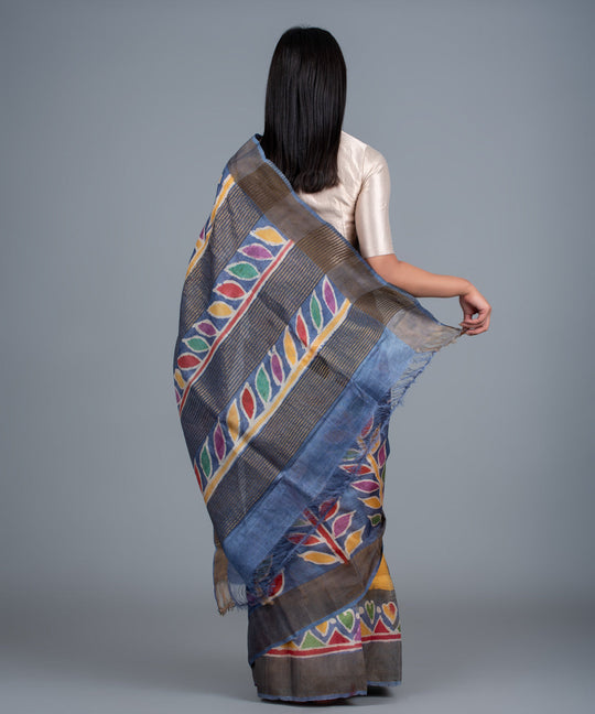 Blue mulberry silk hand painted batik saree